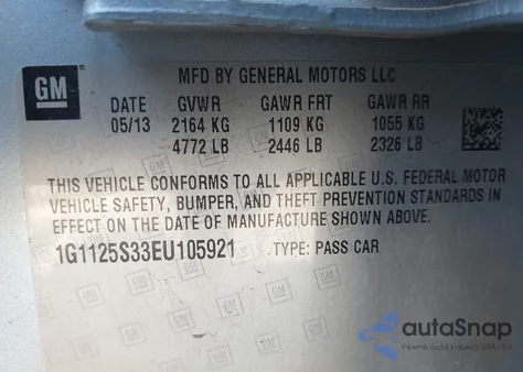 2014 Chevrolet Impala 2Lt из США, поврежденный, VIN 1G1125S33EU105921